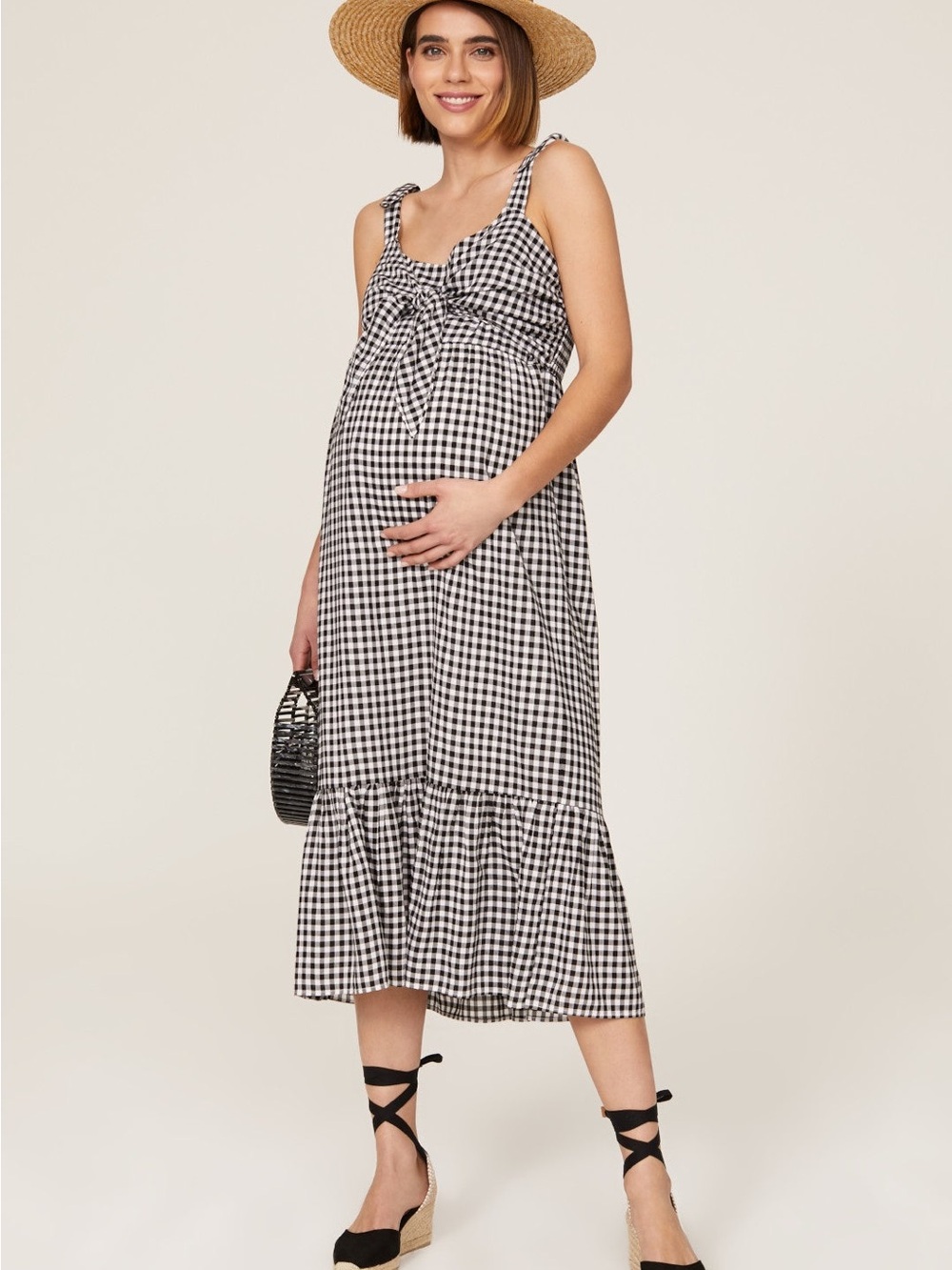 Ripe Black & White Gingham Maternity Midi Dress size L